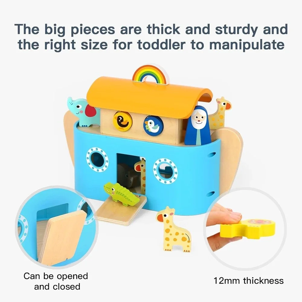 Wooden Noah's Ark Playset Montessori Shape Sorter Toy with Storybook NEW‎ NIB